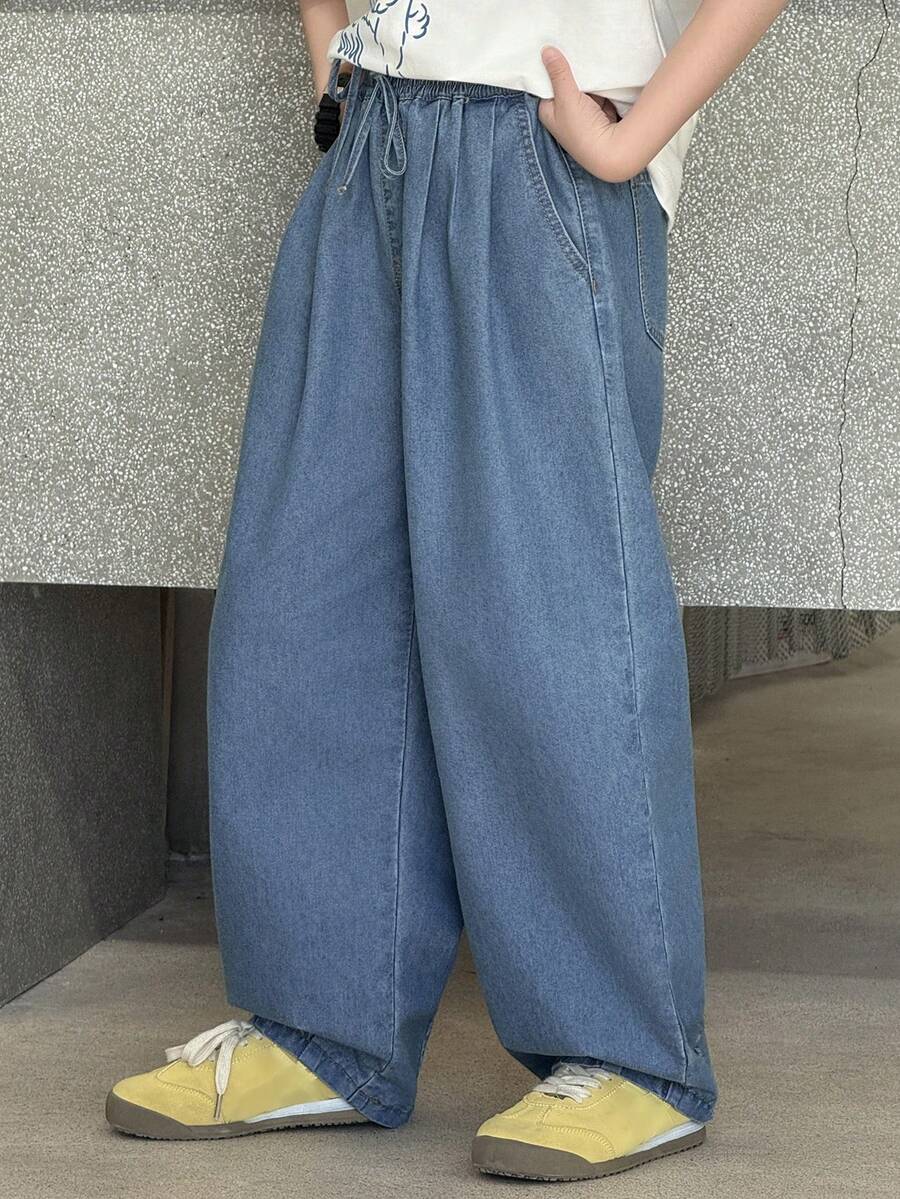 DAZY Pantalones vaqueros casuales de ajuste holgado con bolsillos en diagonal y cordón en la cintura para niño preadolescente - Azul - Ver 1