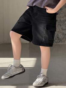 DAZY 青少年男童夏季休闲水洗翻盖口袋牛仔短裤 - 黑色 - 查看 4