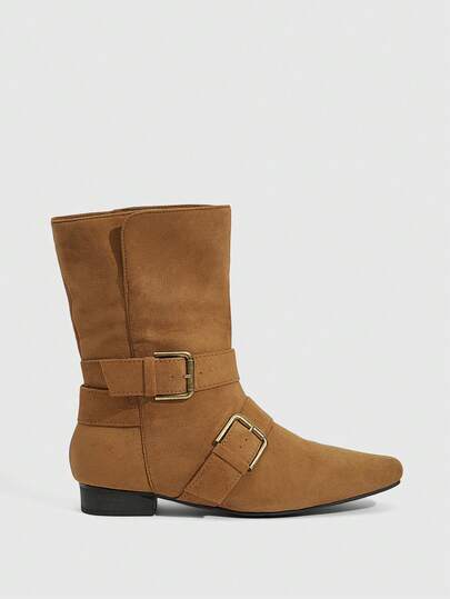 Daringsoles Women's Buckle Design Versatile Fashion Mid-Calf Boots