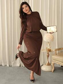 Firerie Elegant Coffee Brown Plus Size Maxi Dress For Women With Ruched Round Neck And Long Sleeves Knitted A-Line Wrap Hem - Coffee Brown - View 6
