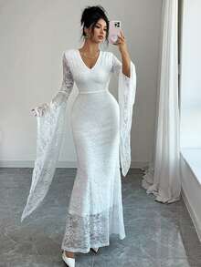 Elenzga Women's V-Neck White Lace Sexy Long Flare Sleeve Design Bodycon Maxi Dress, Stretchy Comfortable French Elegant Romantic Vacation Party Date Night New Arrival - White - View 4