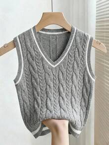 Franclia Áo vest dệt kim màu xám thiết kế tối giản mới dành cho nữ, thích hợp cho mùa xuân/thu. - Xám - Xem 3