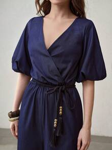 MOTF PREMIUM 褶皱裹身V领连体裤 - 藍色 - 查看 5