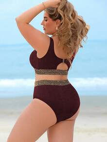 Swim Lushoire Plus Size Women 2pcs Ribbed Fabric Chest Tie Decor Underboob Strap High Waist Bikini Swimsuit Set, Sexy & Elegant For Beach Holiday - Burgundy - View 2
