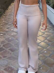 Tyla Gomez Minimalist Commuter & Homewear Apricot High Waist Skinny Flared Women's Knit Pants, Fall And Winter, Casual, Camel - Khaki - View 3