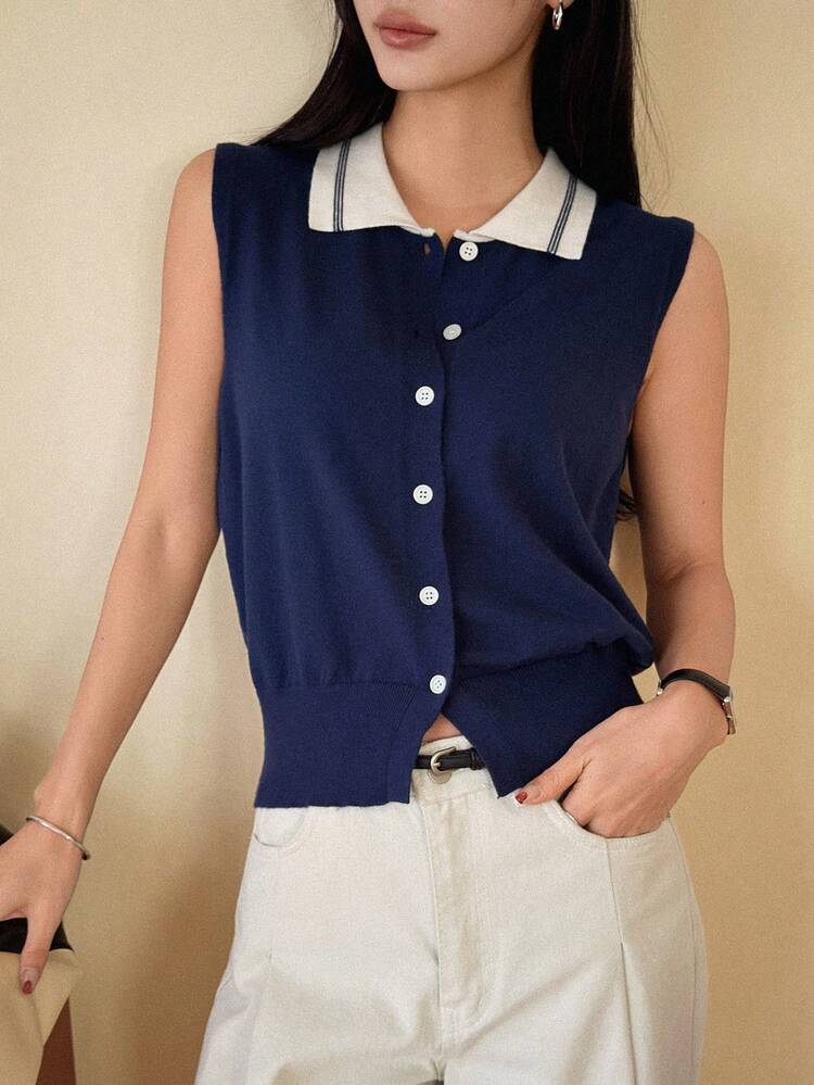 Women's Collared Colorblock Sleeveless Casual Knit Vest Summer