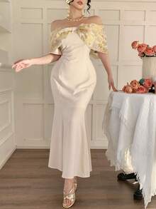 DAZY Women's Fabric Patchwork One-Shoulder Cinched Waist Fishtail Dress, Elegant Casual - Beige - View 1