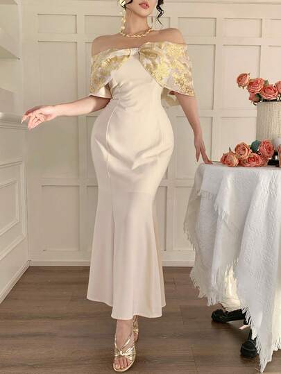 DAZY Women's Fabric Patchwork One-Shoulder Cinched Waist Fishtail Dress, Elegant Casual