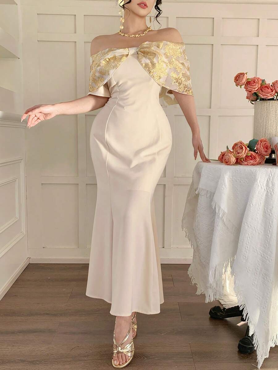 DAZY Women's Fabric Patchwork One-Shoulder Cinched Waist Fishtail Dress, Elegant Casual - Beige - View 1