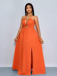 SOLERSUN 女士加大码春夏纯色优雅假日交叉系带露背吊带摆裙长款女装 - 橘色 - 查看 5