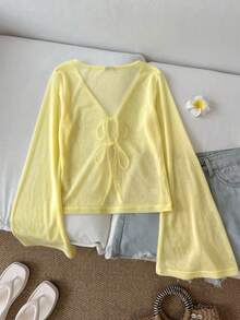 SHEIN LUNE 休闲女式透视系带黄色上衣，适合夏季假期、春季女士度假、夏季海滩外出穿着，半透明长袖V领上衣，常规下摆打结细节 - 黃色 - 查看 2