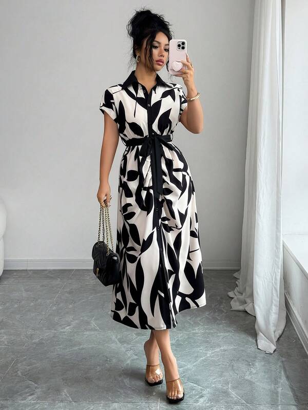 Elenzga Women's New Elegant Fitted Vintage Floral Print Waist Tie Bow Short Sleeve Casual Vacation Dress, Apricot Color