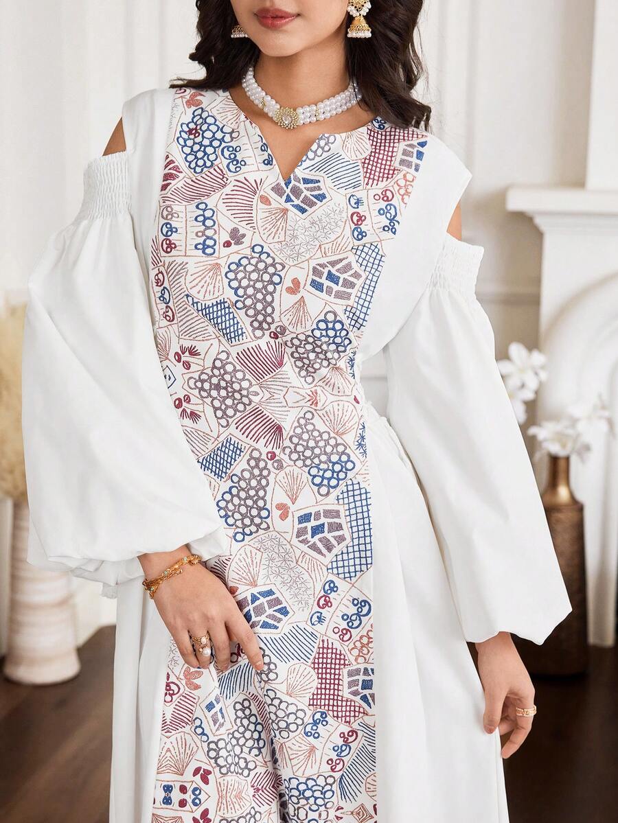 Yasmyna Women's Geometric Pattern Hollow Out Lantern Sleeve Elegant Arabic Style Dress - Multicolor - View 1
