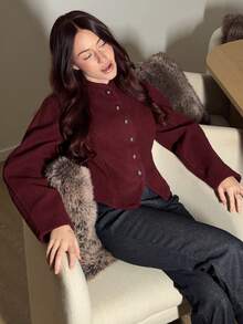 Abrilcols Elegant Burgundy Wool Blend Coat For Commuting, Autumn/Winter,Women's Winter Clothes,Women's Winter Jacket,Winter Clothes For Women,Winter Clothes,Autumn Clothes For Women,Fall Outfits For Women,New Year Women's Clothes,Christmas Women's Clothing,Long Sleeve Going Out Top,Chic Women's Jacket,Ankara Red Coat,Old Money Style,Casual And Business Commuting,Solid Color Jacket,Waisted Jacket,Metal Buckle Decoration - Burgundy - View 5