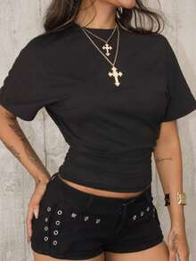 Rayane Ketlyn Women's Summer Minimalist Y2K Basic Daily Wear Casual Back To School Streetwear Stretchy Black Loose Ruched Crop Tees - Black - View 3