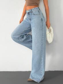 SHEIN Cottnline Women's High Waist Pocketed Wide Leg Loose Casual Versatile Jeans City Break Light Blue Summer - Baby Blue - View 6