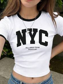 少女休闲时尚简约纽约字母印花撞色滚边短袖圆领T恤，适合夏季外出穿着 - 彩色 - View 3