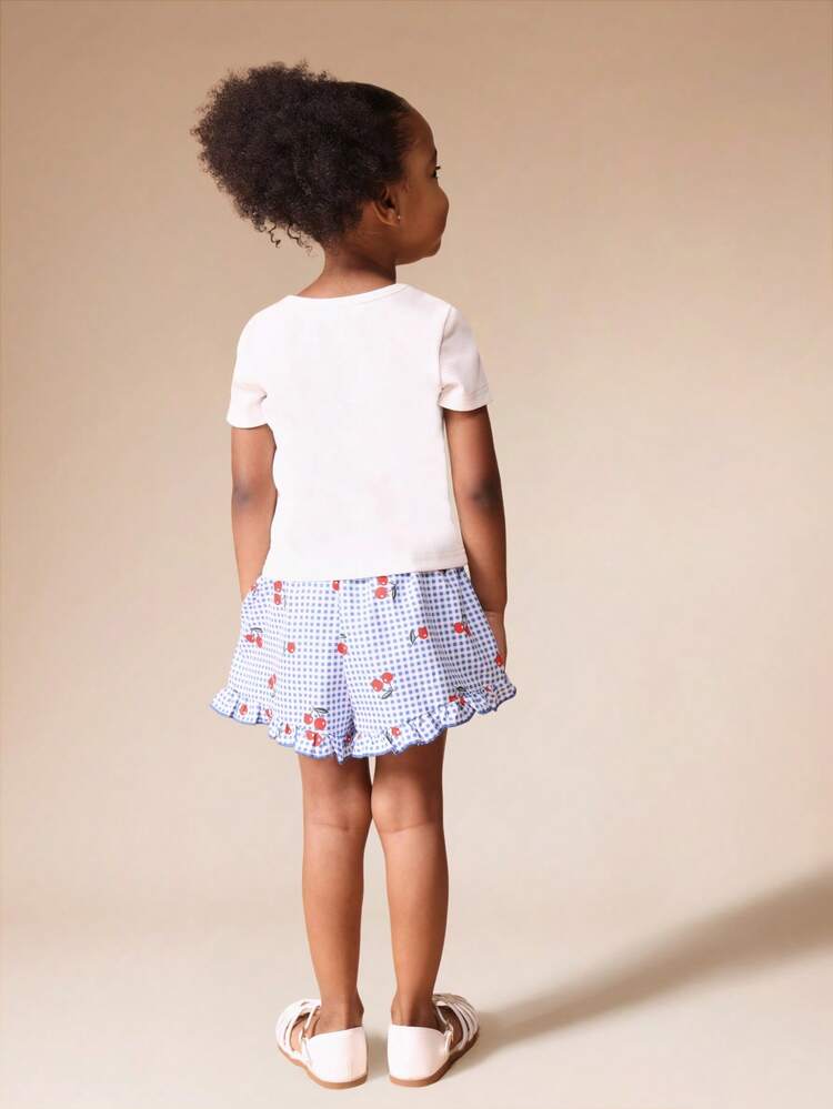 Cherry Print Ribbed T-Shirt With Gingham Ruffle Shorts