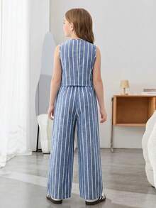 SHEIN Tween Girls' Casual Vacation Striped Vest And Wide Leg Pants 2 Pieces Set - Blue and White - View 2