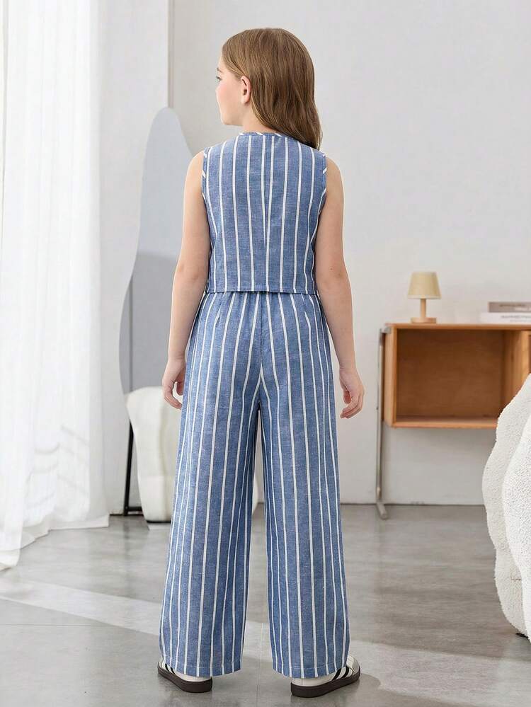 SHEIN Conjunto de 2 piezas de chaleco a rayas y pantalones de pierna ancha informal para vacaciones de niñas preadolescentes - Azul y blanco - Ver 2
