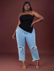 CurvyTilda 大码女式抹胸纯色米色弹力针织紧身荷叶边不对称设计下摆背心 - 黑色 - 查看 3