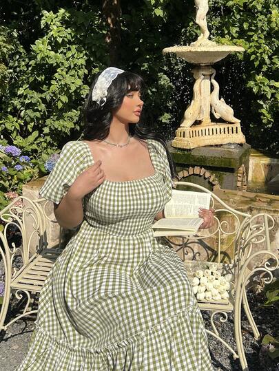 Lyrianda 大码女式绿色格子短袖休闲度假连衣裙，夏季