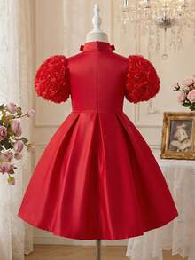 SHEIN Young Girl Fitted Elegant Hollow Out Waist A-Line Dress With Mandarin Collar,Kids - Red - View 2