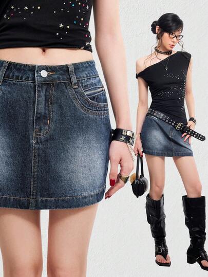 Bloopia Vintage Washed Denim A-Line Skirt, Casual Summer