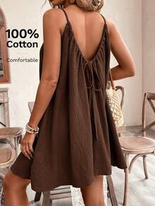 SHEIN Frenchy 夏季女士吊带波西米亚风连衣裙，必备单品，夏季穿搭，婚礼季必备，田园风抽绳连衣裙，女士棉质连衣裙 - 咖啡棕 - 查看 7
