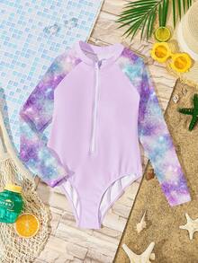 美人鱼印花亮片染色少女休闲简约圆领长袖连体泳衣，适合春夏穿着 - 彩色 - 查看 3