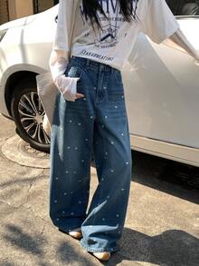 FRIFUL Women's Casual Heart Print Washed Denim Jeans, Suitable For Autumn - Blue - View 10