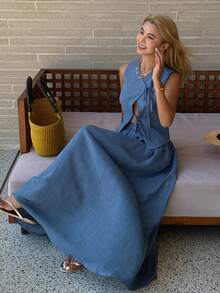 Livesso 2pcs/Set Women Sleeveless Tie Front Top And Love Print Skirt - Blue - View 6