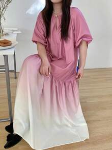 Dazy Plus Plus Size Women's Casual Vacation Elegant Ombre Bubble Sleeve Belted Midi Dress, Summer Sun Dresses For Women - Hot Pink - View 2