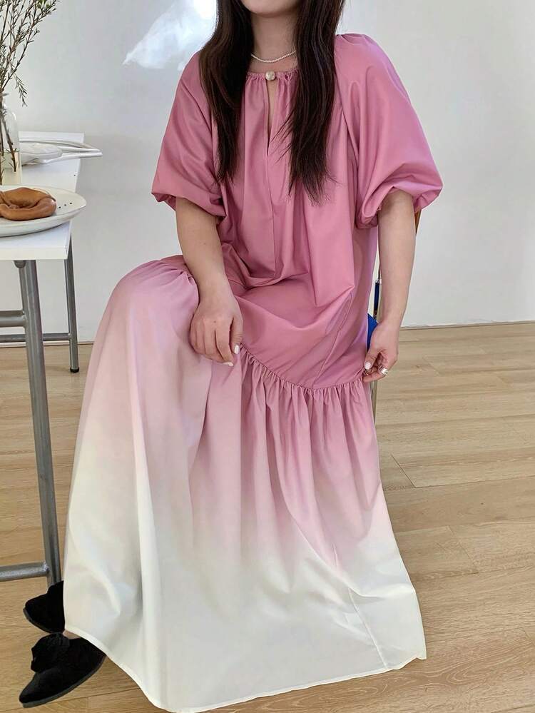 Dazy Plus Plus Size Women's Casual Vacation Elegant Ombre Bubble Sleeve Belted Midi Dress, Summer Sun Dresses For Women