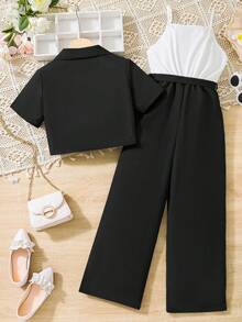 SHEIN 少女纯色短袖 Polo 领简约设计休闲百搭两件套 - 黑色 - 查看 2