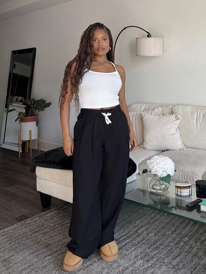 Tyla Gomez 女士宽松直筒裤，松紧腰抽绳，夏季纯色休闲裤