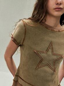 SoleilVie 女士圆领二合一扎染五角星水洗复古T恤 - 綠色 - 查看 2