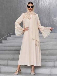 Al Najma Vestido elegante estilo árabe con mangas abullonadas y adorno floral para mujer, vestidos árabes, modestos - Albaricoque - Ver 7