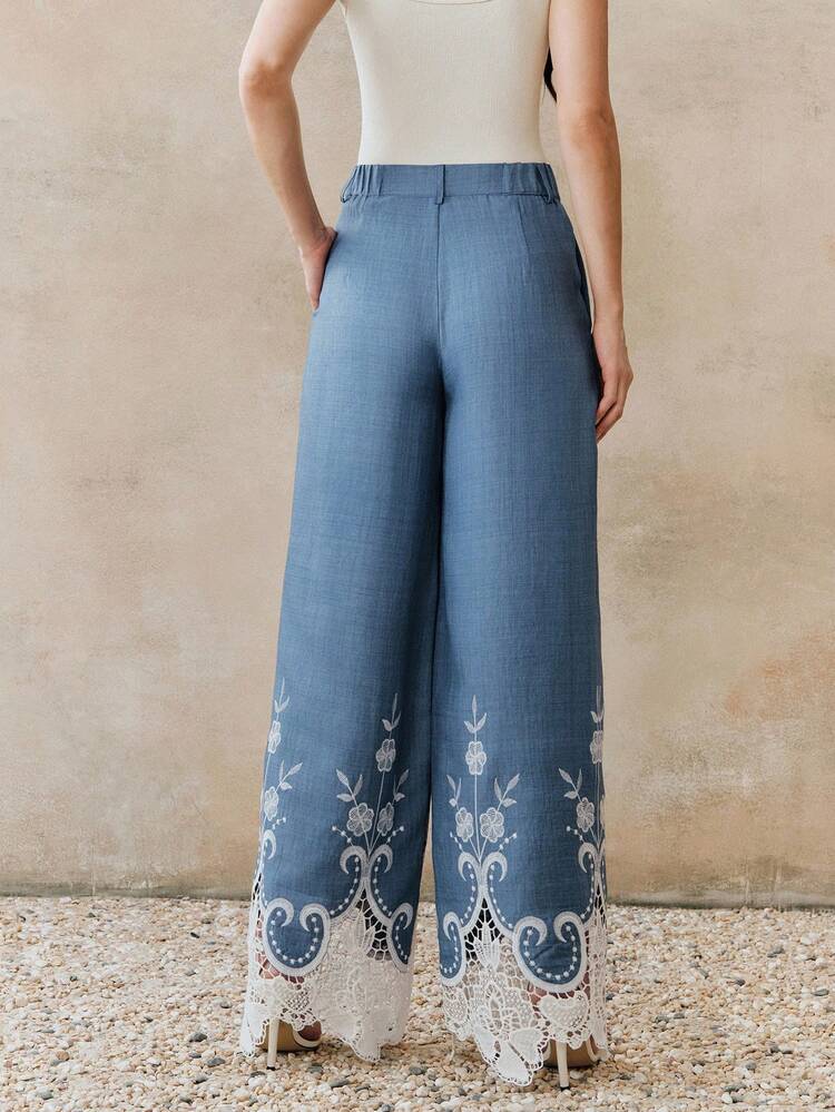 Women's Elegant Vacation, Valentine's Day, Women's Day, Mother's Day, Birthday, Evening Date Vintage Roman Embroidery Lace Patchwork Denim Effect Long Pants Tassel Pants Wide Leg Summer Pants Embroidered Pants Wide Leg Pants Boho Pants Women Wide Leg Pants Palazzo Pants Women Bohemian Pants Wide Leg Jeans Woman Embroidered Jeans Women Embroidered Pants Women Wide Leg Pants Woman
