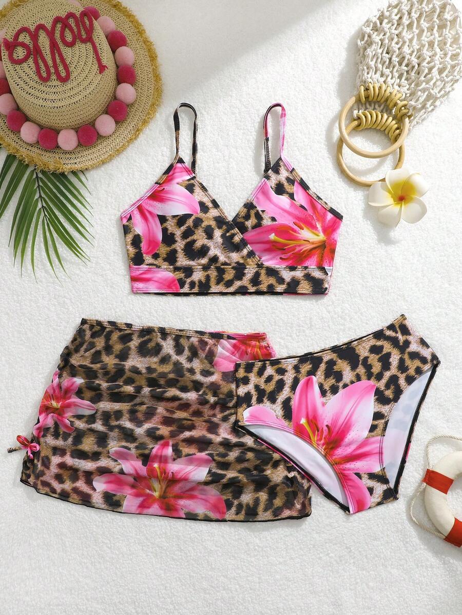 SHEIN Tween Girl Floral & Leopard Print Spaghetti Strap Tankini Bikini Set Set With Skirt