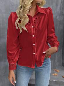 SHEIN LUNE Women's Elegant Red Hollow-Out Patchwork Long Sleeve Shirt,Casual Vacation Western Cowboy Blouse Tops For Autumn Party - Burgundy - View 5