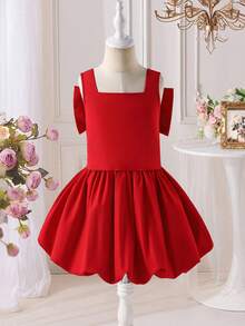 SHEIN Ensemble top et jupe pour jeunes filles élégant avec col carré, décoration de perles et nœud amovible dans le dos - Rouge - Voir 9