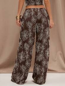 SHEIN BAE Women's Casual Vacation Style Floral Print Low Waist Loose Wide Leg Pants - Brown - View 2