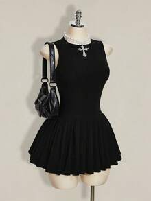 SHEIN ICON 女士夏季时尚纯色圆领褶裥下摆迷你连衣裙 - 黑色 - 查看 1