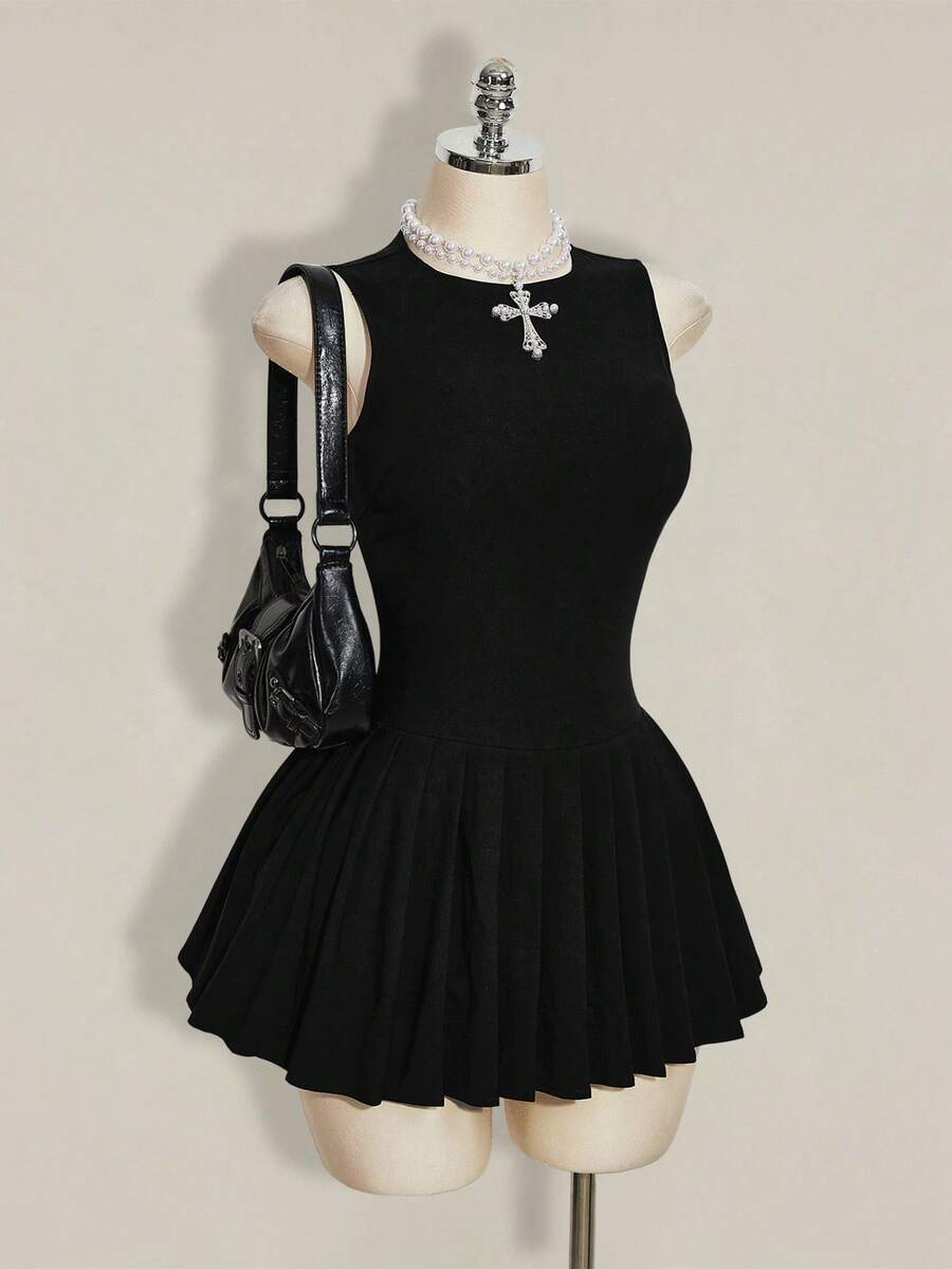 SHEIN ICON 女士夏季时尚纯色圆领褶裥下摆迷你连衣裙 - 黑色 - 查看 1