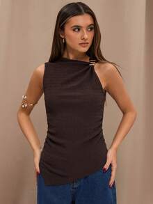 SHEIN BAE 春夏休闲时尚棕色提花针织金属装饰褶皱腰身修身吊带背心，适合搭配优雅上衣、夏季上衣、无袖上衣和休闲上衣。 - 棕色 - 查看 7