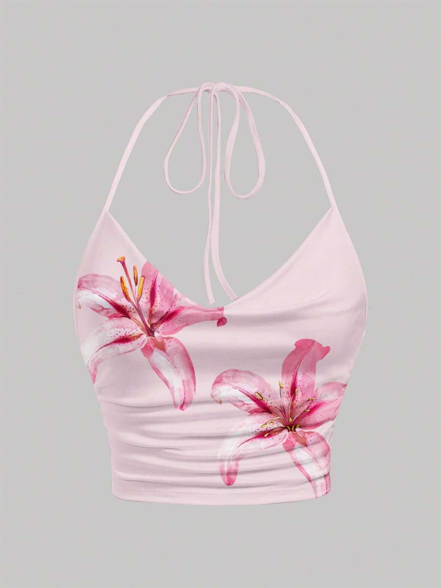 SHEIN EZwear 休闲简约系带深V领修身百搭印花衬衫 - 彩色 - 查看 1