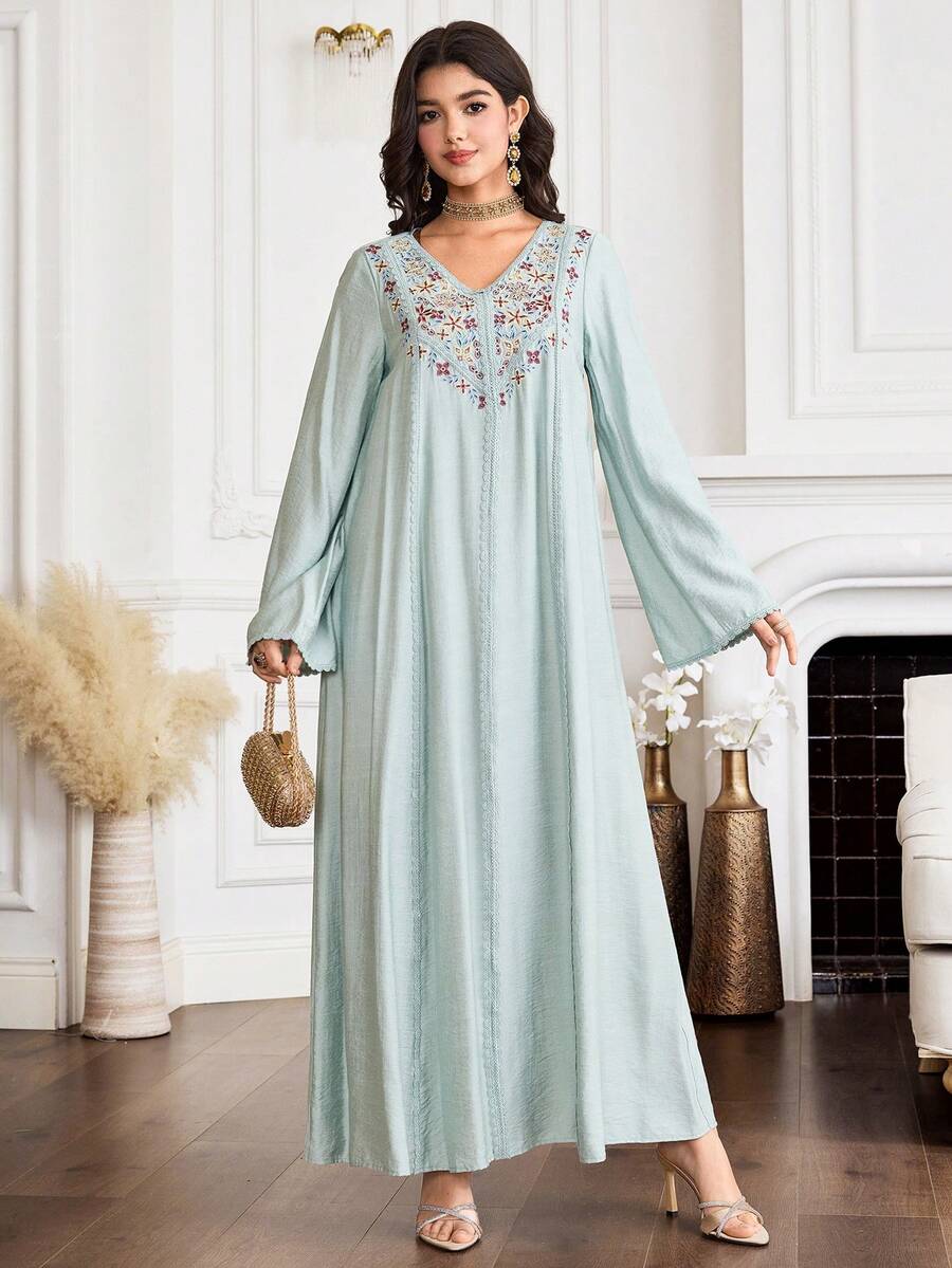 Al Najma 女士优雅刺绣长袖阿拉伯风格连衣裙 - 彩色 - 查看 1