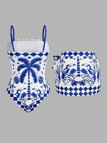 Swim Oasis 1pc Women's Blue & White Tropical Palm Tree Print One-Piece Swimsuit, Elegant Casual Beach Vacation Cover-Up - Blue and White - View 2