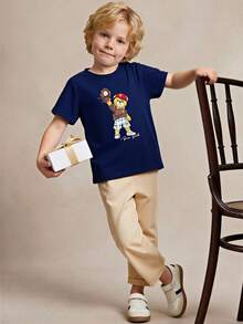 PrepCrw 2pcs/Set Young Boys Collegiate Style Bear Print Short Sleeve T-Shirt And Pants Set - Multicolor - View 1